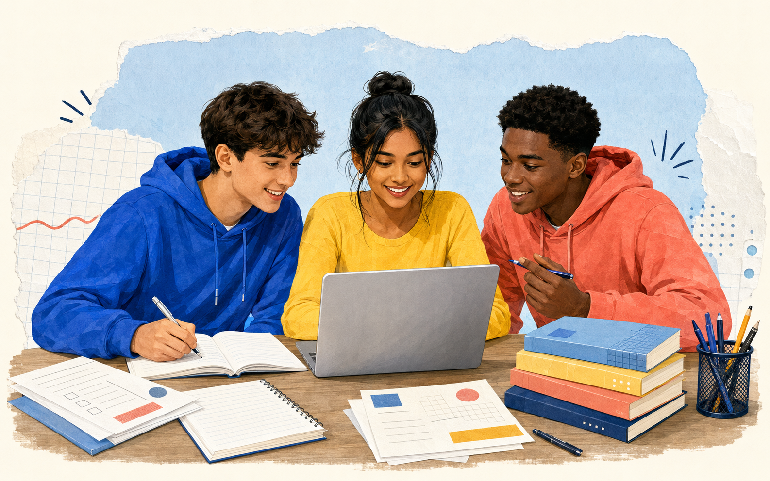 Three students learning together with books, notes, and a laptop